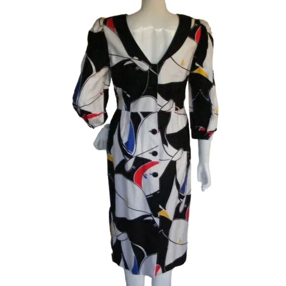 Vintage Dress, S, Abstract print, Shoulder pads, 3/4 sleeve, Low back, Buttons - Picture 4 of 8